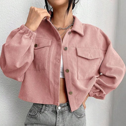 Women's Pink Corduroy Cropped Utility Jacket Pockets
