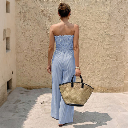 Women's Striped Strapless Tie Front Wide Leg Jumpsuit