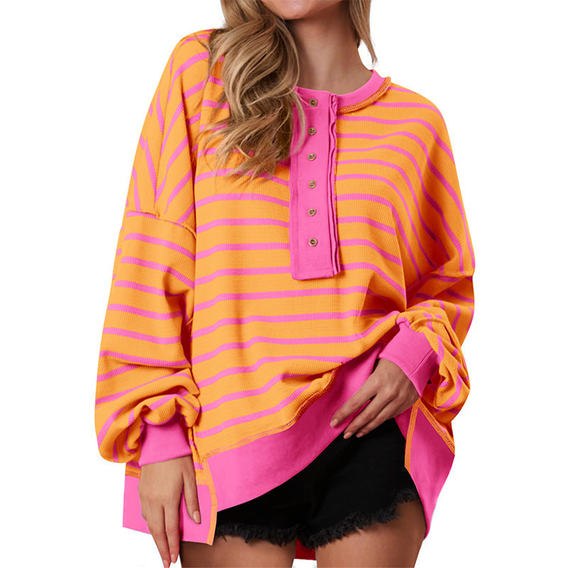 Women's Oversized Striped Waffle Knit Henley Tunic Top