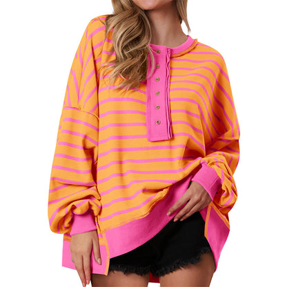 Women's Oversized Striped Waffle Knit Henley Tunic Top