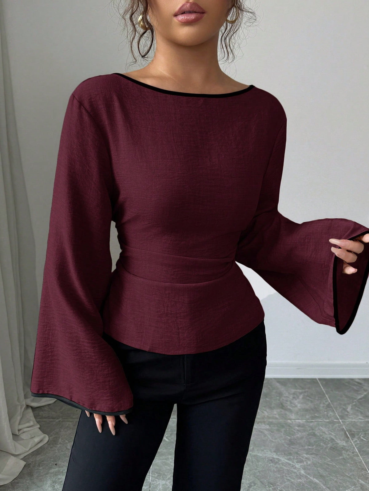 Women's Elegant Boat Neck Bell Sleeve Cinched Waist Blouse