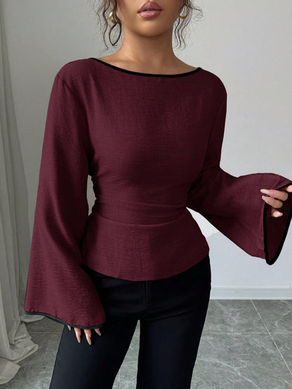 Women's Elegant Boat Neck Bell Sleeve Cinched Waist Blouse