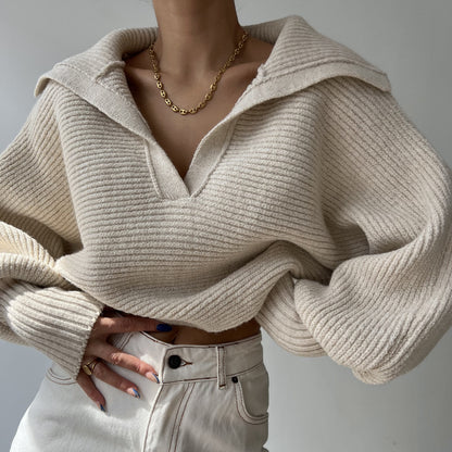 Womens Collared V Neck Ribbed Knit Sweater