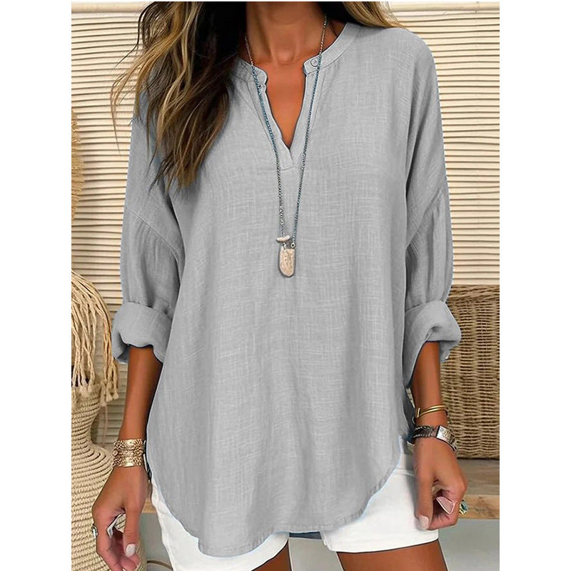 Plus Size V Neck Long Sleeve Cotton Linen Tunic Top