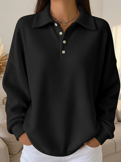 Women's Oversized Waffle Knit Polo Shirt Long Sleeve Top