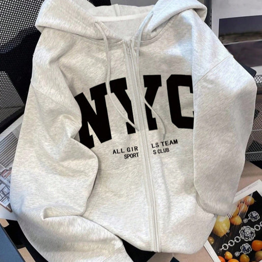 NYC Letter Graphic Zip Up Hoodie Sweatshirt