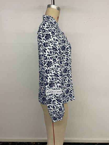 Floral Balloon Sleeve Tie Neck Blouse Women Casual Chic Top