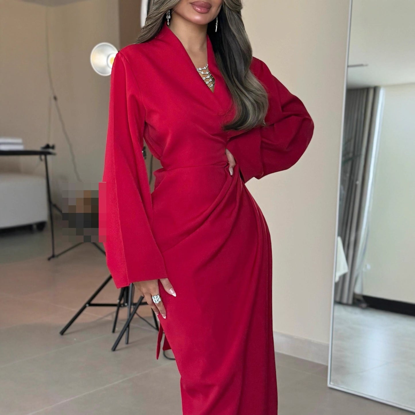 Women's Ruched V Neck Long Sleeve Red Midi Dress
