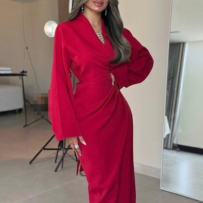 Women's Ruched V Neck Long Sleeve Red Midi Dress
