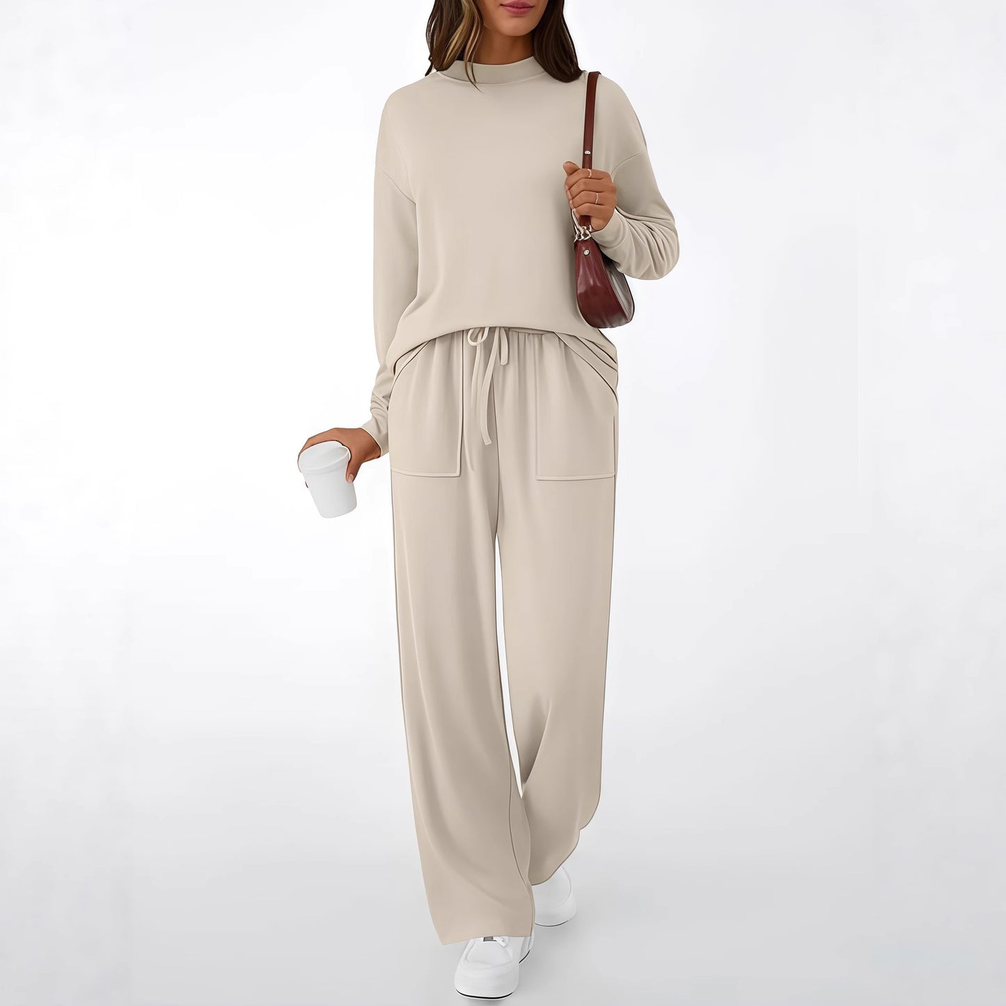 Women's Matching Lounge Set Mock Neck Wide Leg Pocket Pants