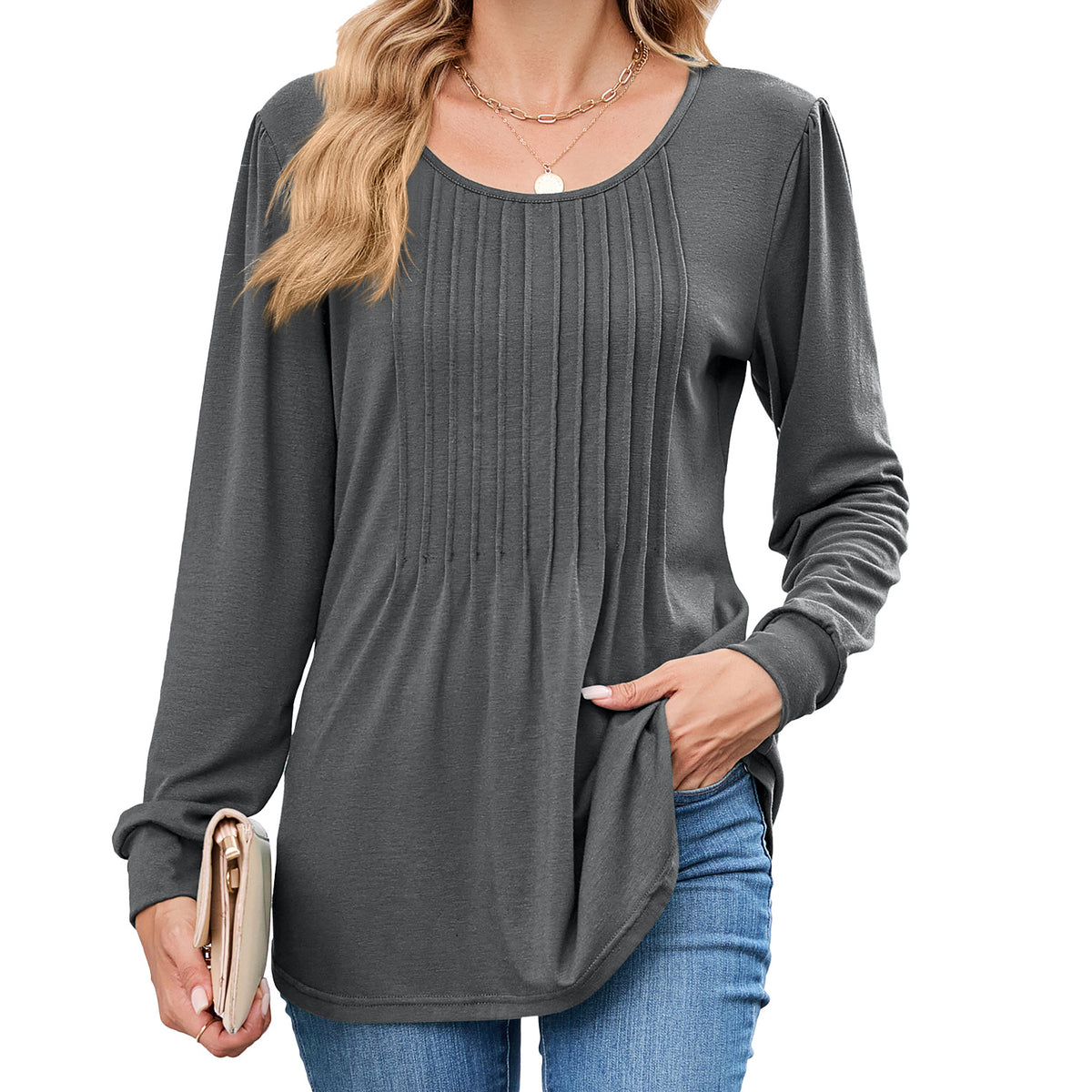 Women's Long Sleeve Pleated Tunic Top Loose Casual Blouse