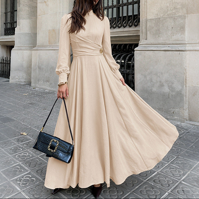 Mock Neck Zipper Pleated Balloon Sleeve Maxi Dress
