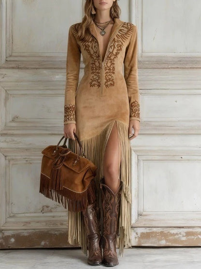 Western Fringe Suede Maxi Dress Zip Front Boho