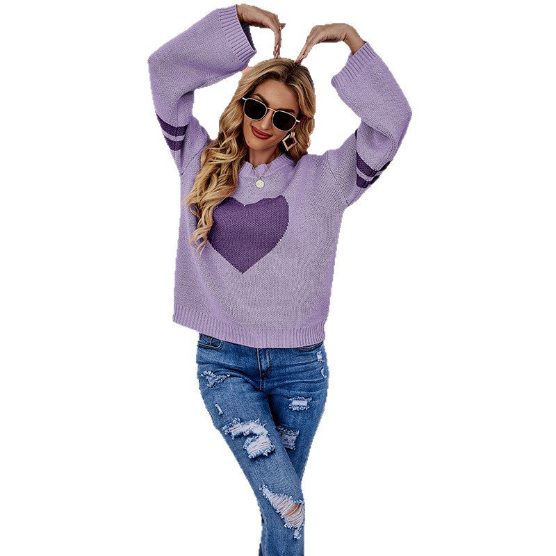 Pink Heart Contrast Knit Sweater Womens Valentine Pullover