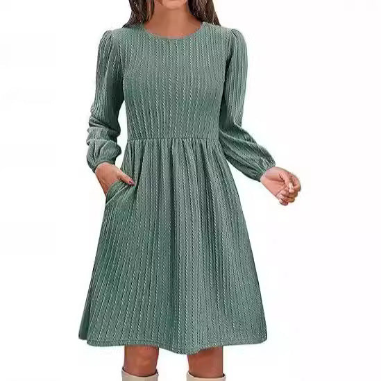 Fall Textured Knit Puff Sleeve A-Line Midi Dress
