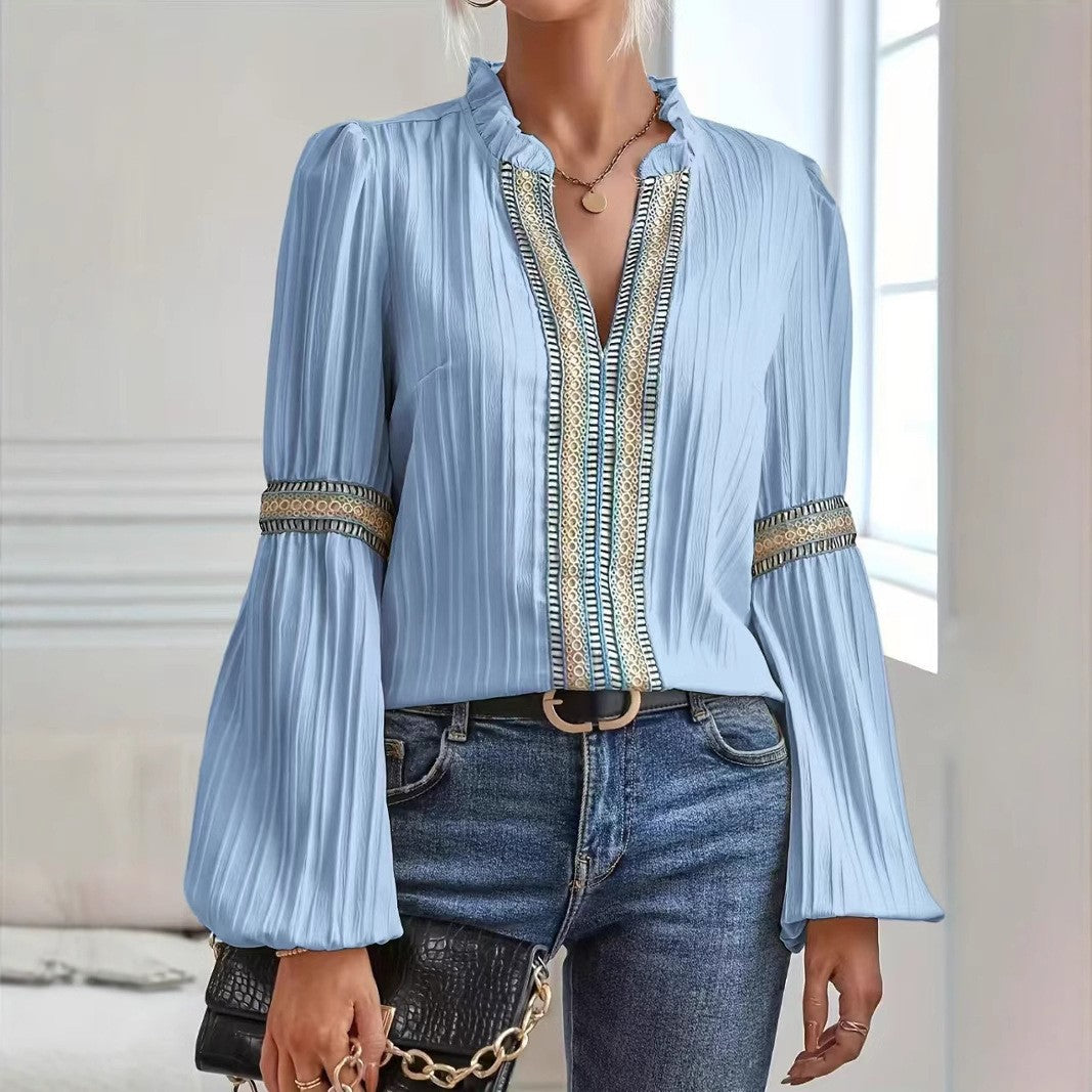 Lace Trim V Neck Blouse Lantern Sleeve Elegant Top