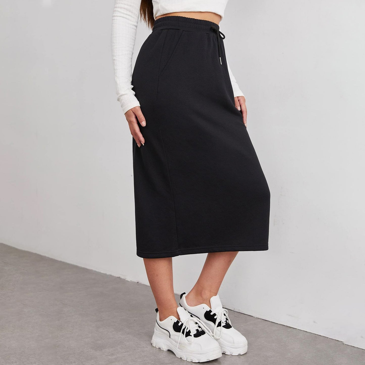 Solid Midi Skirt Drawstring Waist Pocket Slit Casual