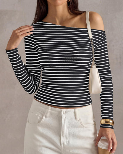 Off Shoulder Striped Long Sleeve Ribbed Knit Top Women