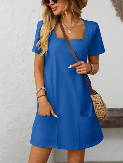 Square Collar Short-Sleeve Casual Pocket Dress