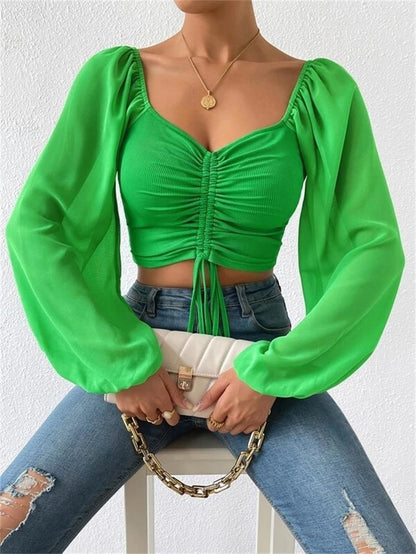 Sexy V Neck Ruched Sheer Balloon Sleeve Crop Top Blouse