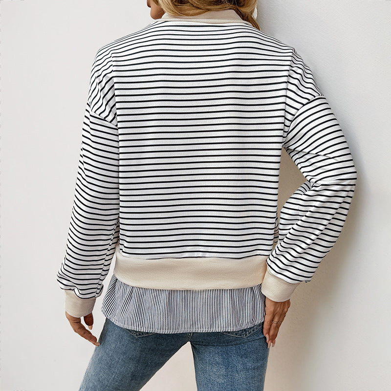 Casual Long-sleeved Crew Neck Striped Stitching Fake Two-piece T-shirt