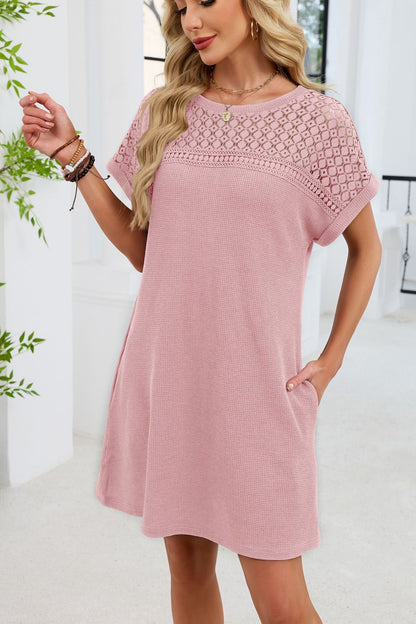 Blue Gray Yoke Loose T Shirt Dress Crew Neck
