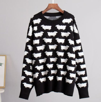 Oversized Crewneck Sheep Print Knit Sweater