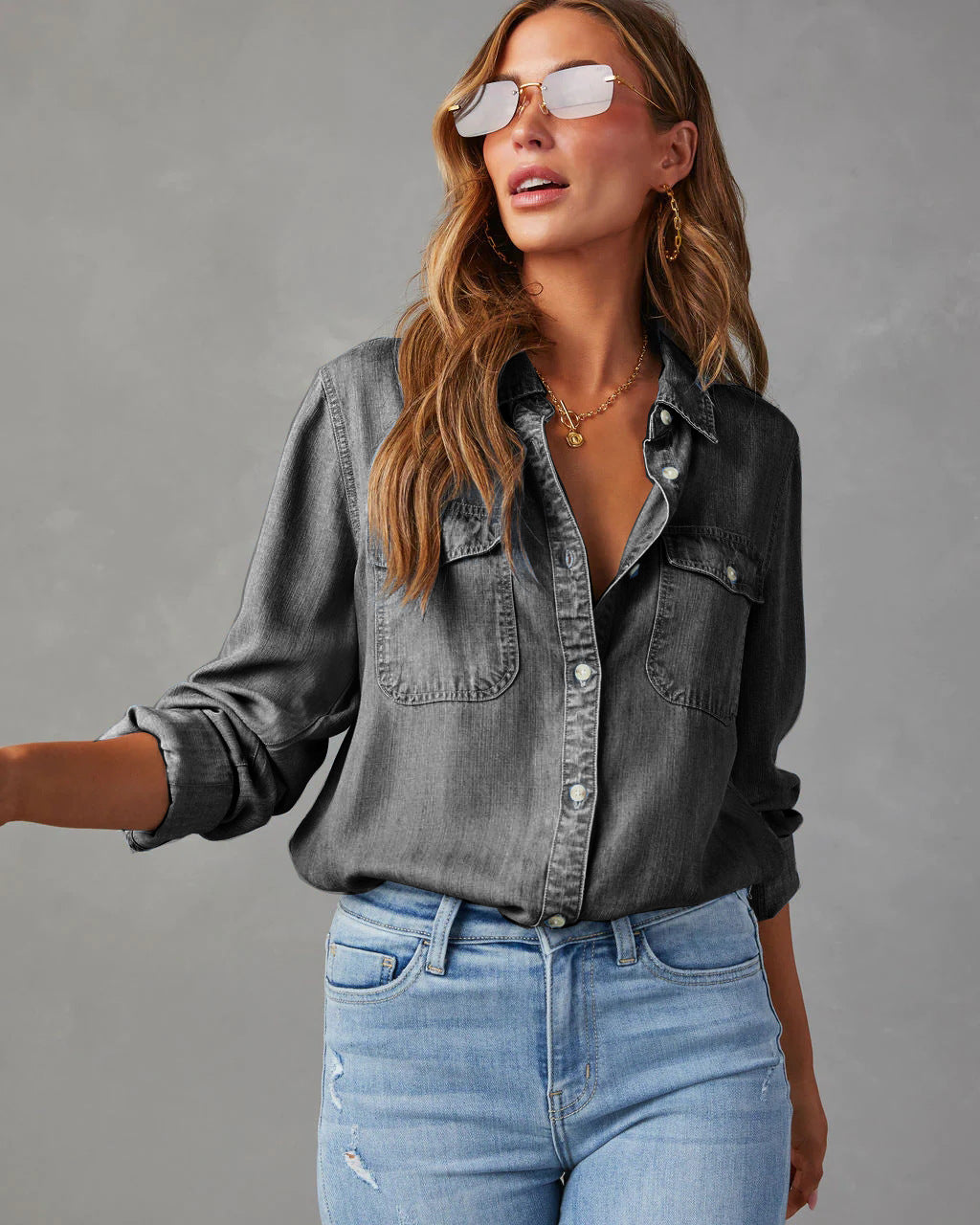 Women's Denim Button Down Shirt Long Sleeve Casual Western