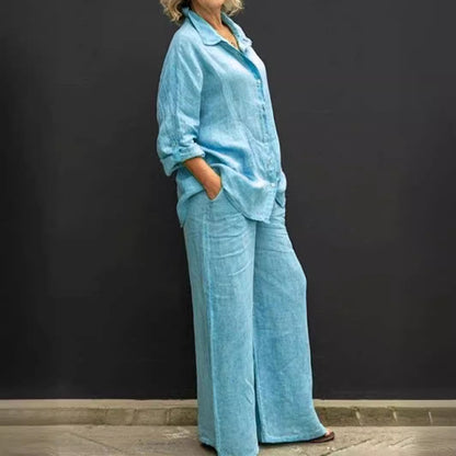 Linen Blend Shirt and Wide Leg Pants Two Piece Set