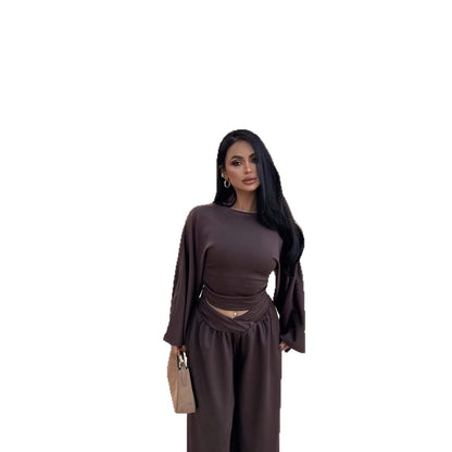 Satin Two Piece Set Ruched Top Wide Leg Pants
