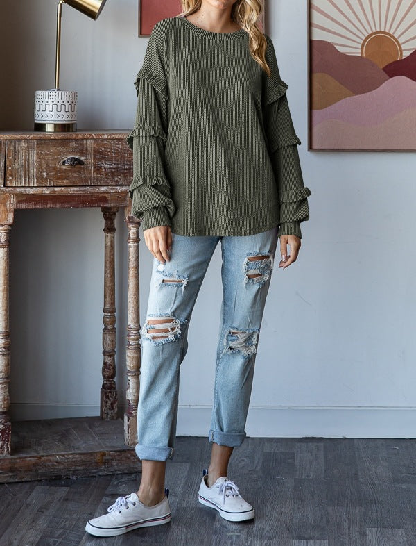 Lantern Sleeve Lace Round Neck Top