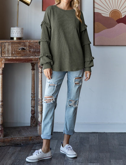 Lantern Sleeve Lace Round Neck Top