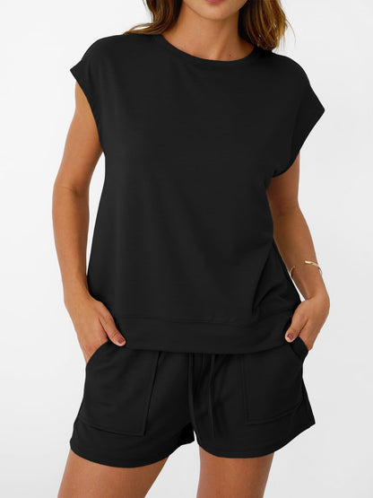 Solid Knit Shorts Set Crew Neck Pocket Lounge Outfit