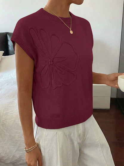 Floral Knit Sweater Short Sleeve Textured Summer Top