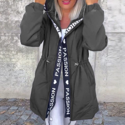 Women Hooded Long Puffer Jacket Letter Tape Drawstring Coat