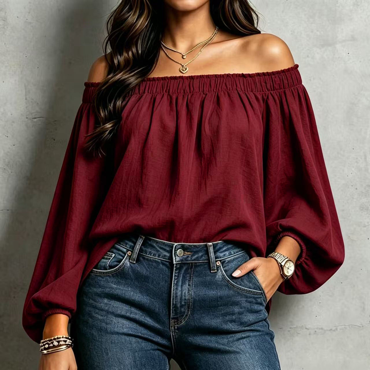 Women's Off Shoulder Smocked Blouse Puff Sleeve Loose Top