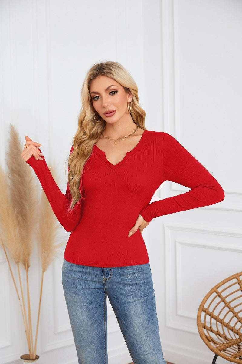 Ribbed Deep V Neck Slim Fit Long Sleeve Tee