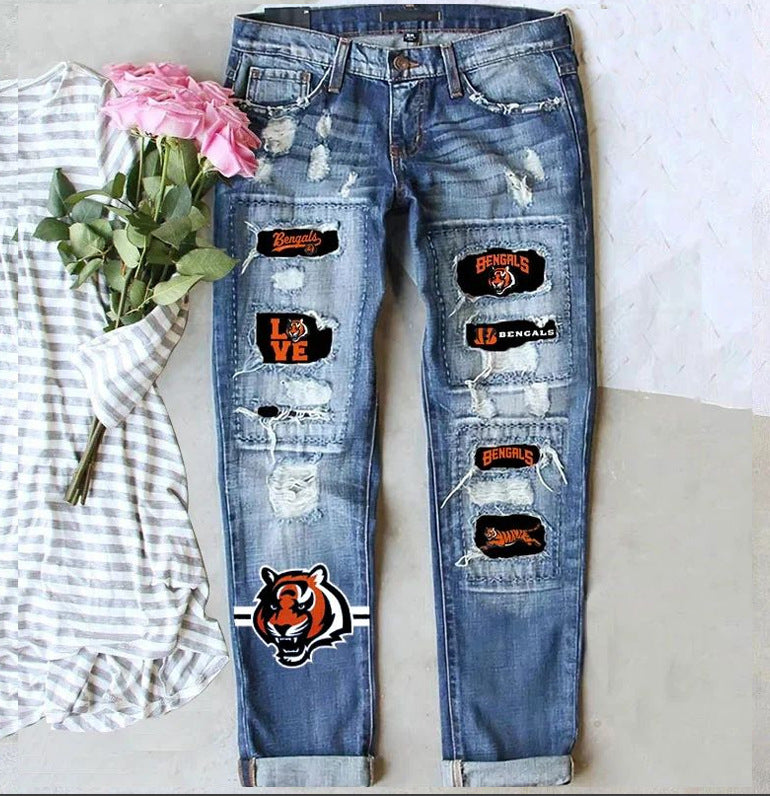 Distressed Straight Leg Jeans  with Bold Patch Game Day