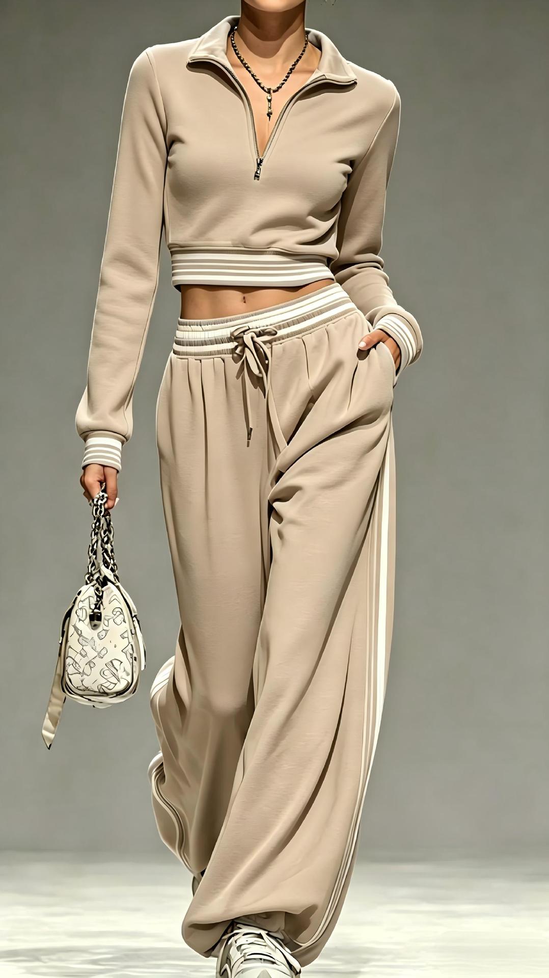 Womens 2 Piece Half Zip Crop Top Wide Leg Sweatpants Set