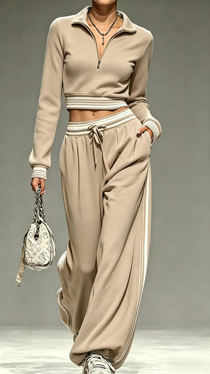 Womens 2 Piece Half Zip Crop Top Wide Leg Sweatpants Set
