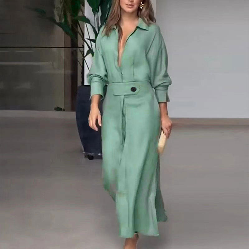 Women's Belted Long Sleeve Maxi Shirt Dress V-Neck