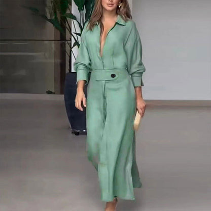 Women's Belted Long Sleeve Maxi Shirt Dress V-Neck