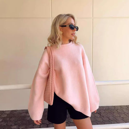 Women's Pink Oversized Crewneck Pullover Sweater
