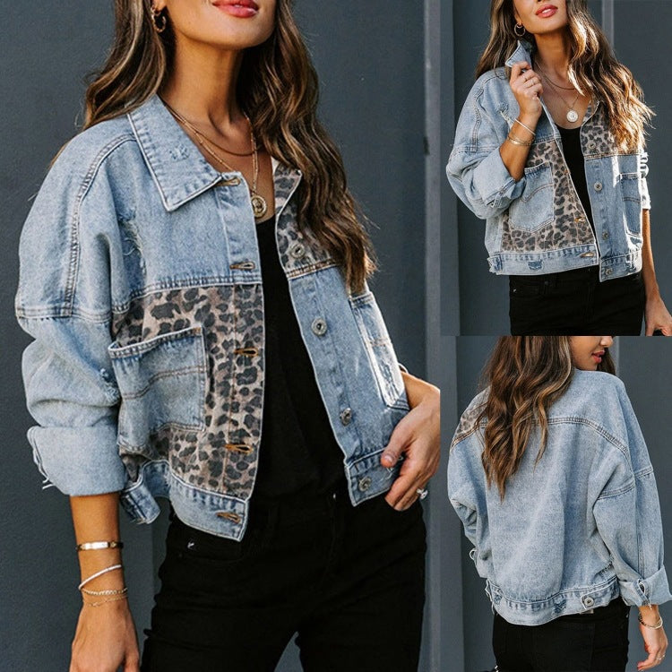 Women's Leopard Patchwork Denim Jacket Button Up Casual