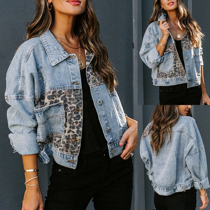 Women's Leopard Patchwork Denim Jacket Button Up Casual
