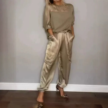 Women's Satin 2 Piece Set Half Sleeve Top Cargo Pants