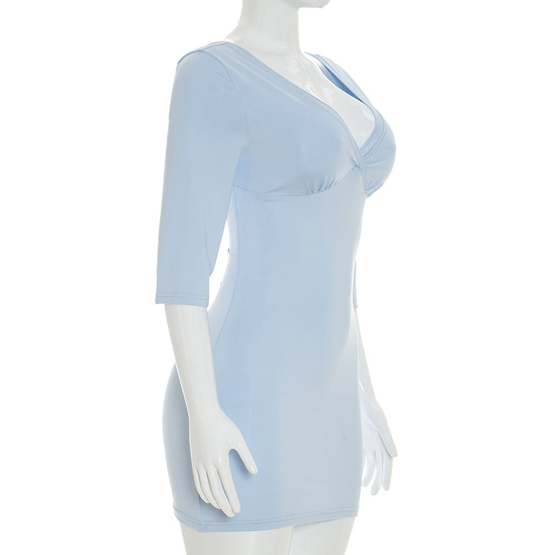 Sexy V Neck Backless Bodycon Mini Dress 3/4 Sleeve