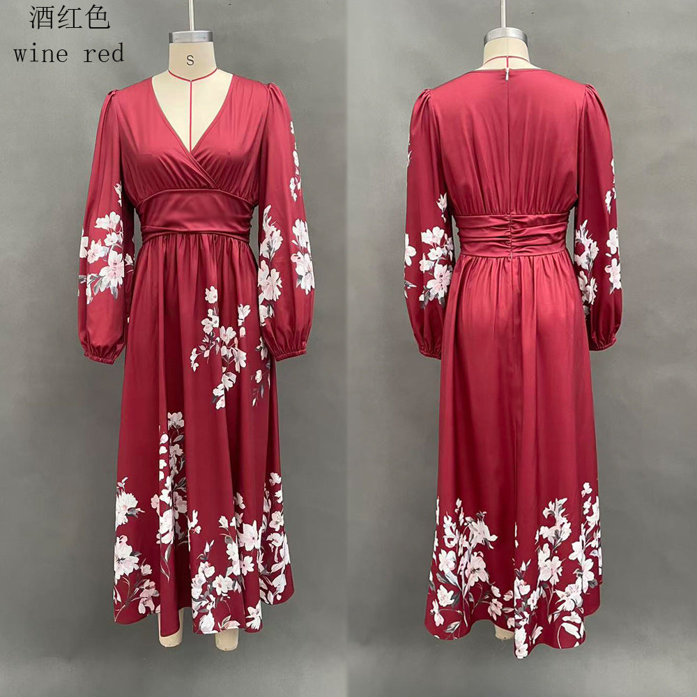 Floral V Neck Pleated Long Sleeve Maxi Dress