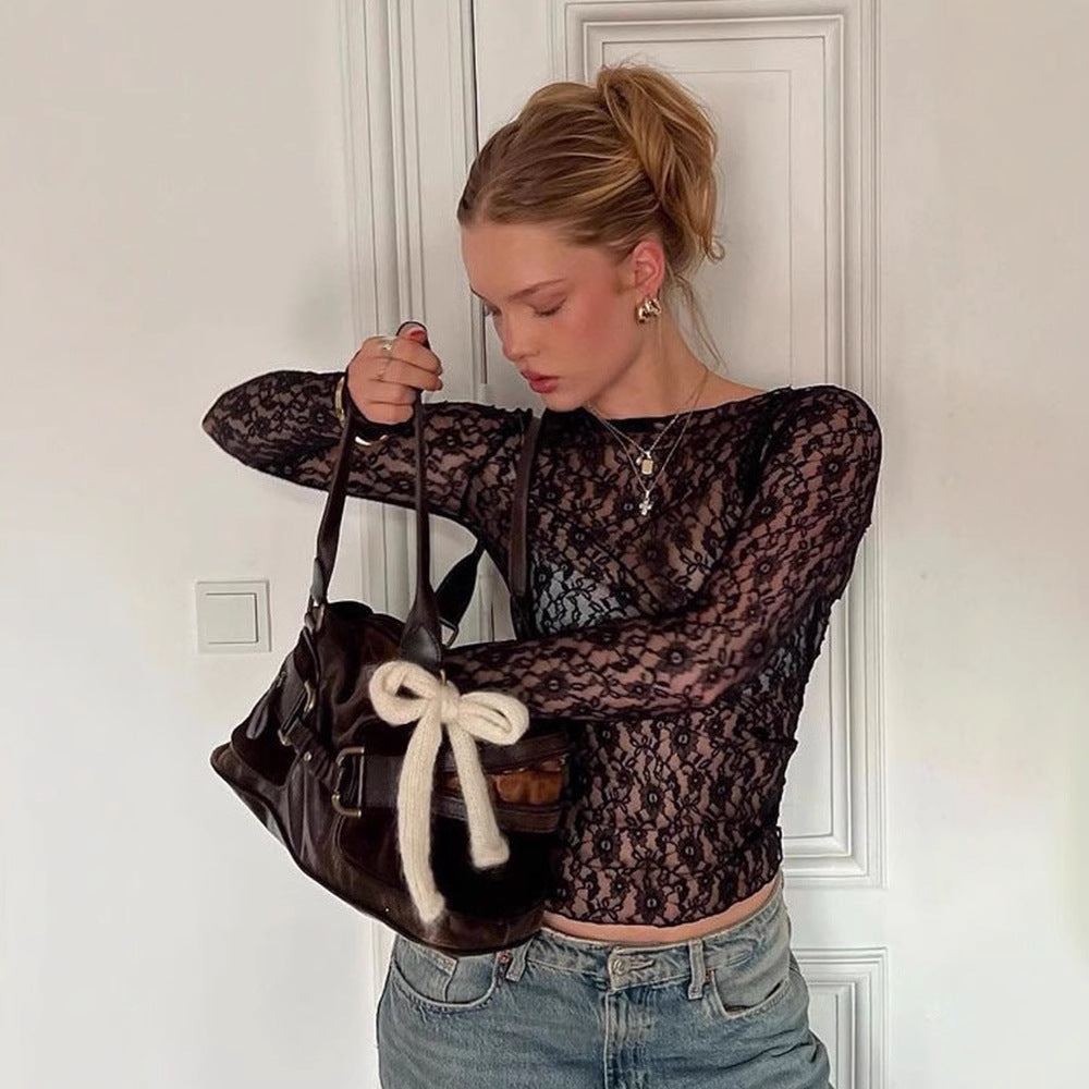 Sexy Sheer Lace Long Sleeve Crop Top