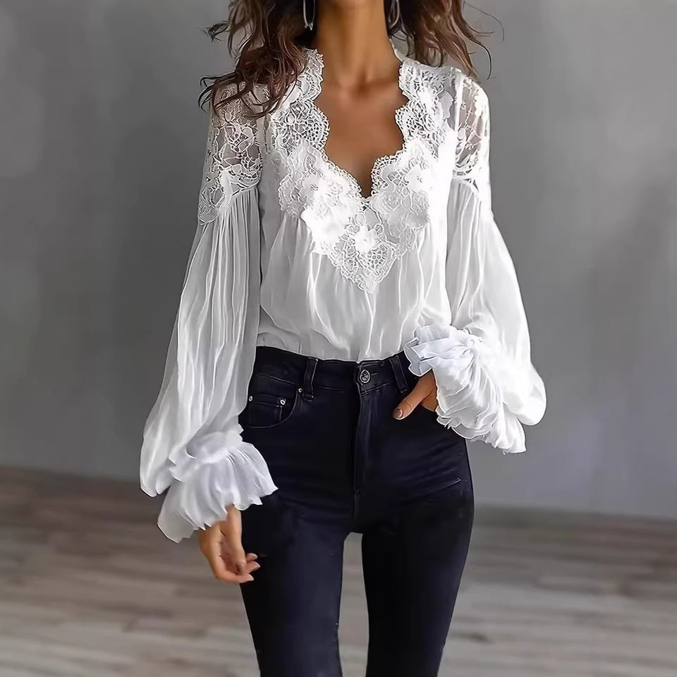 Women's Lace V-Neck Puff Sleeve Pleated Blouse